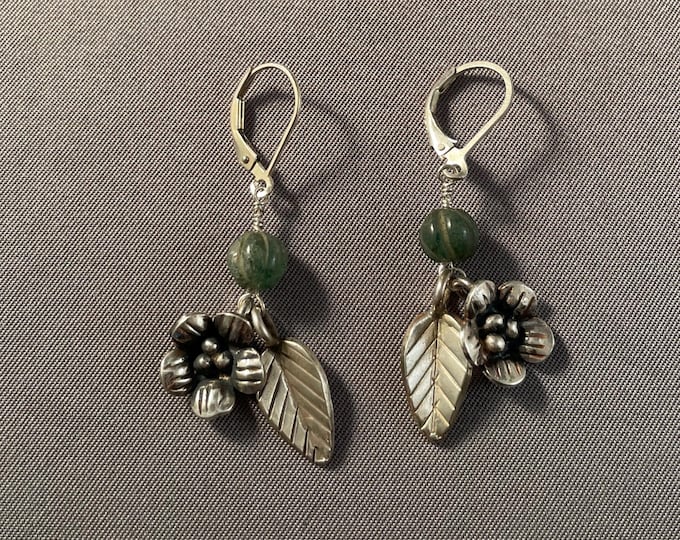 Jade and Solid Sterling Silver Flower & Leaf Earrings