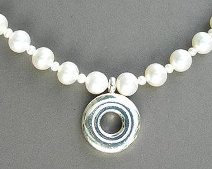Solid Sterling Silver Open Hole Flute Key on 6.5mm White Fresh Water Pearls Strand Necklace