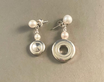 Solid Sterling Silver Open Hole and Tiny Trill Flute Key with Pearls Mixed-Matched Post Earrings