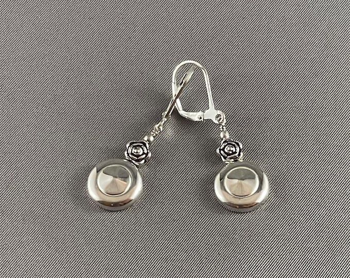 Solid Sterling Silver Tiny Trill Flute Key Earrings with Roses on Ear Wires