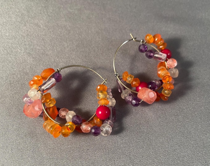 Carnelian, Rose Quartz, Red Coral, Amber & Amethyst Earrings