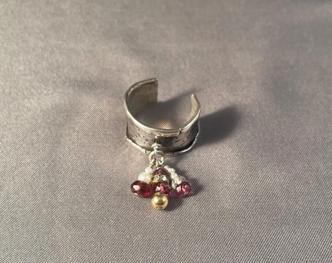 Sterling Silver Ear Cuff with Pink Tourmaline, Garnet, Pearls, Handmade