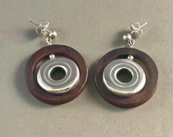 Solid Sterling Silver Open Hole Flute Inner Key Earrings with Rosewood Circles on Silver Ball Posts
