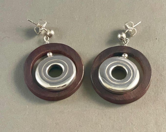 Solid Sterling Silver Open Hole Flute Inner Key Earrings with Rosewood Circles on Silver Ball Posts