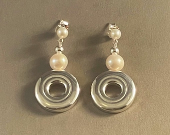 Solid Sterling Silver Open Hole Flute Key with Pearl on Pearl Post Earrings