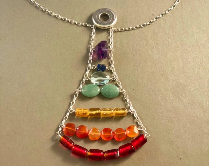 Gay Pride Solid Sterling Silver Open Hole Flute Key Triangle Shaped Necklace with Multi-Color Gemstone Beads