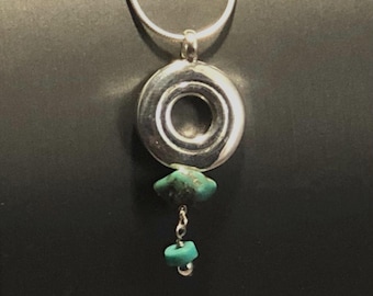 Flute Key Necklace, Sterling Silver Open Hole with Turquoise Chunk Dangles