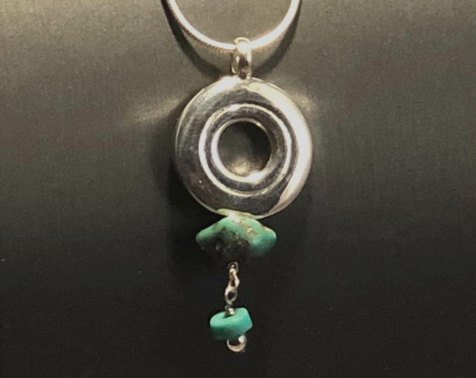 Solid Sterling Silver Open Hole Flute Key Pendant with Turquoise Chunk Dangles