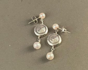 Solid Sterling Silver Tiny Trill Flute Key Earrings with Pearl Dangle on Pearl Posts