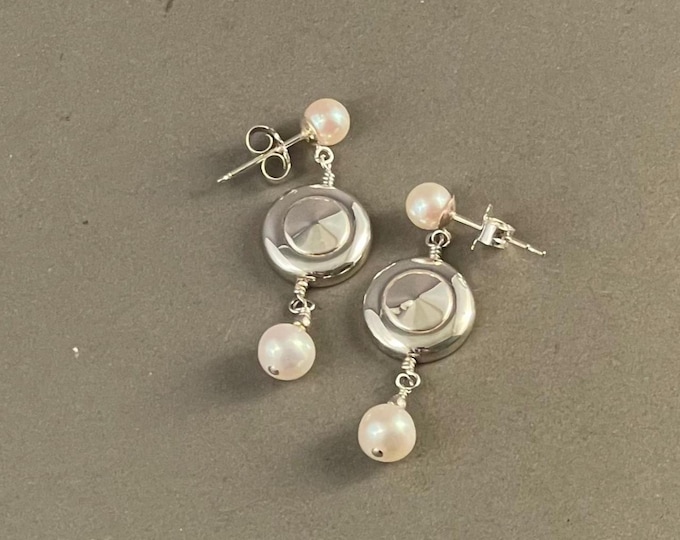 Solid Sterling Silver Tiny Trill Flute Key Earrings with Pearl Dangle on Pearl Posts