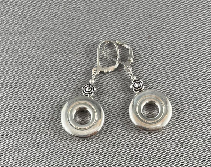Solid Sterling Silver Open Hole Flute Key Earrings with Tiny Silver Roses on Ear Wires