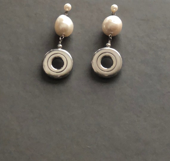 Open Hole Flute Key with Huge Pearl Sterling Silver Earrings