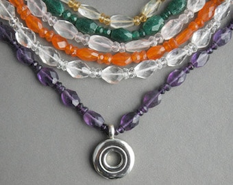 Solid Sterling Silver Open Hole Flute Key on Faceted Gemstone Necklaces