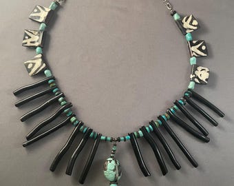 Turquoise Necklace: Black Coral, Shell Heishi and Dyed Water Buffalo Bone Beads