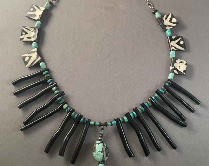 Turquoise Necklace: Black Coral, Shell Heishi and Dyed Water Buffalo Bone Beads
