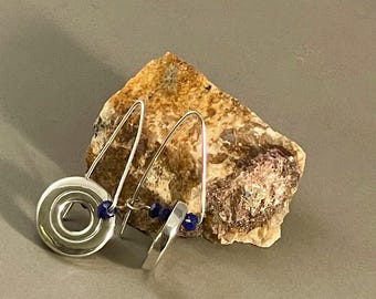 Solid Sterling Silver Open Hole Flute Key with Gemstones on Silver Triangle Ear Wire Loop Earrings