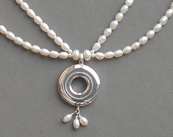 Sweet Sixteen and Open Hole Solid Sterling Silver Flute Key Pearl Necklace