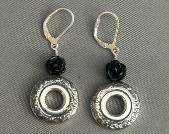 Solid Sterling Silver Open Hole Flute Key Earrings with Silver Dust & Black Onyx Roses on Ear Wires
