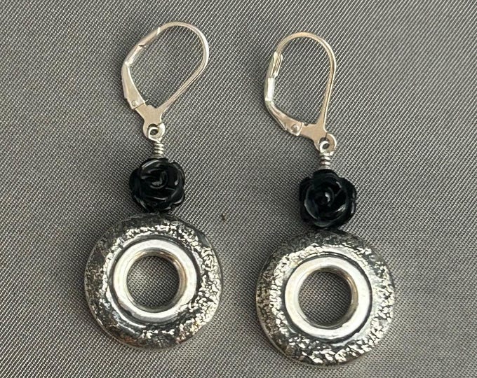 Solid Sterling Silver Open Hole Flute Key Earrings with Silver Dust & Black Onyx Roses on Ear Wires