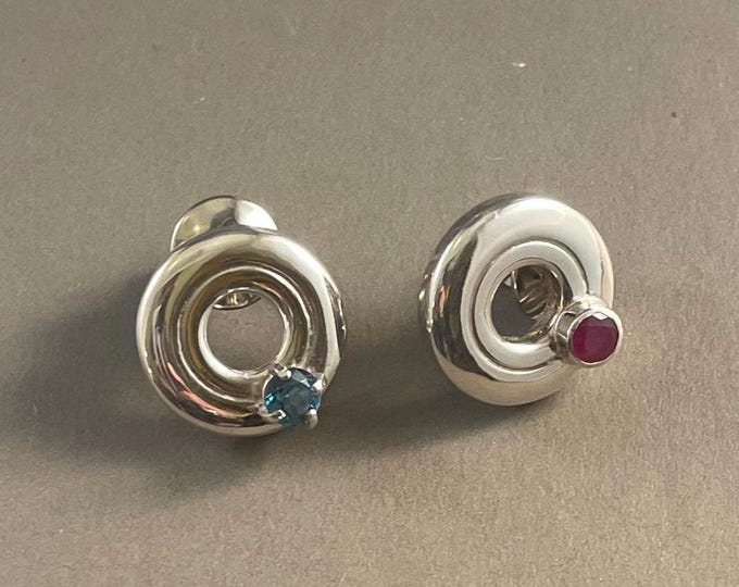 Solid Sterling Silver Open Hole Flute Key Lapel Pin with Gemstone--Single Gem or Dangle