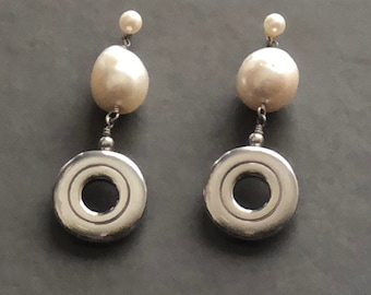Solid Sterling Silver Open Hole Flute Key with Huge Pearl Post Earrings