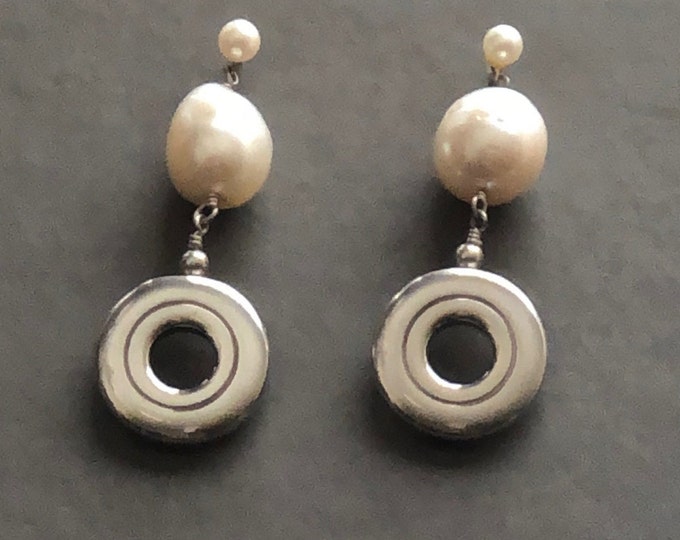 Flute Jewelry, Sterling Silver Flute Key, Earrings - Open Hole Key with Huge Pearl Sterling Silver Post Earrings
