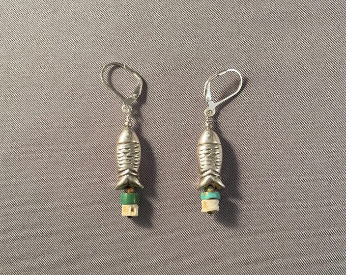 Solid Sterling Silver Fish with Turquoise & Vertebrae Earrings