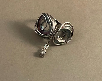Solid Sterling Silver Double Open Hole Flute Key Steampunk Ring w/ Raw Diamond – Size 9 ONLY