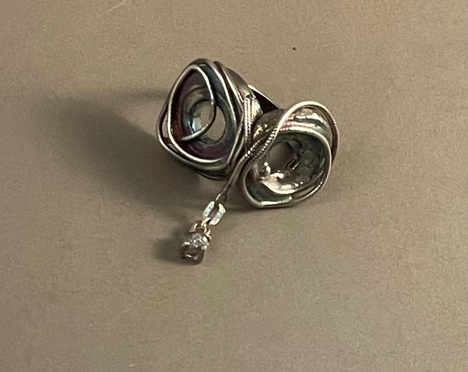 Solid Sterling Silver Double Open Hole Flute Key Steampunk Ring w/ Raw Diamond – Size 9 ONLY
