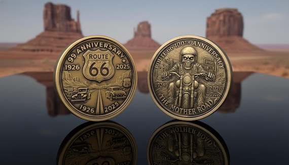 Engraved Brass Route 66 Coin: 99th Anniversary, Americana Keepsake