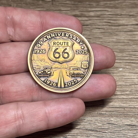 Engraved Brass Route 66 Coin: 99th Anniversary, Americana Keepsake