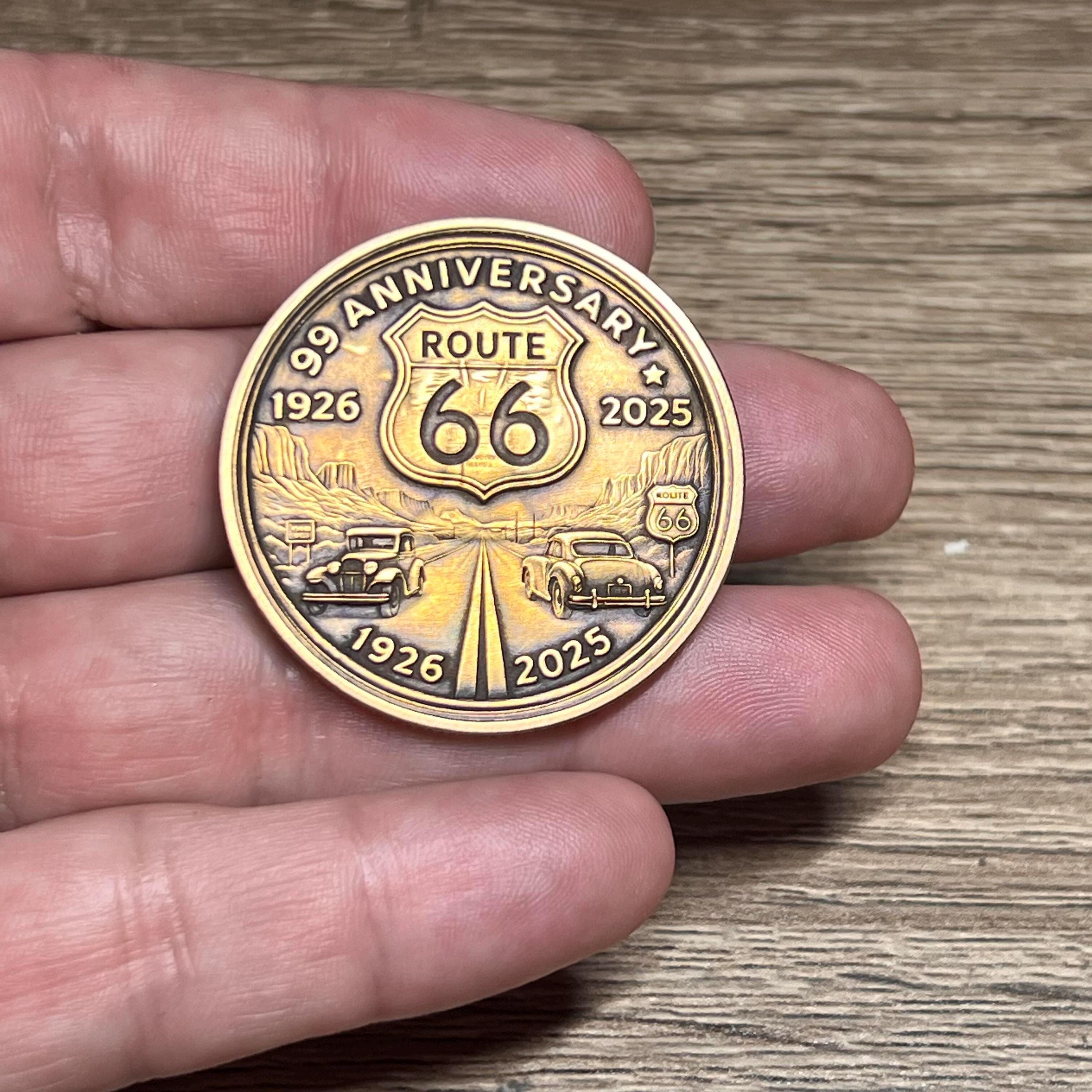 Engraved Brass Route 66 Coin: 99th Anniversary, Americana Keepsake