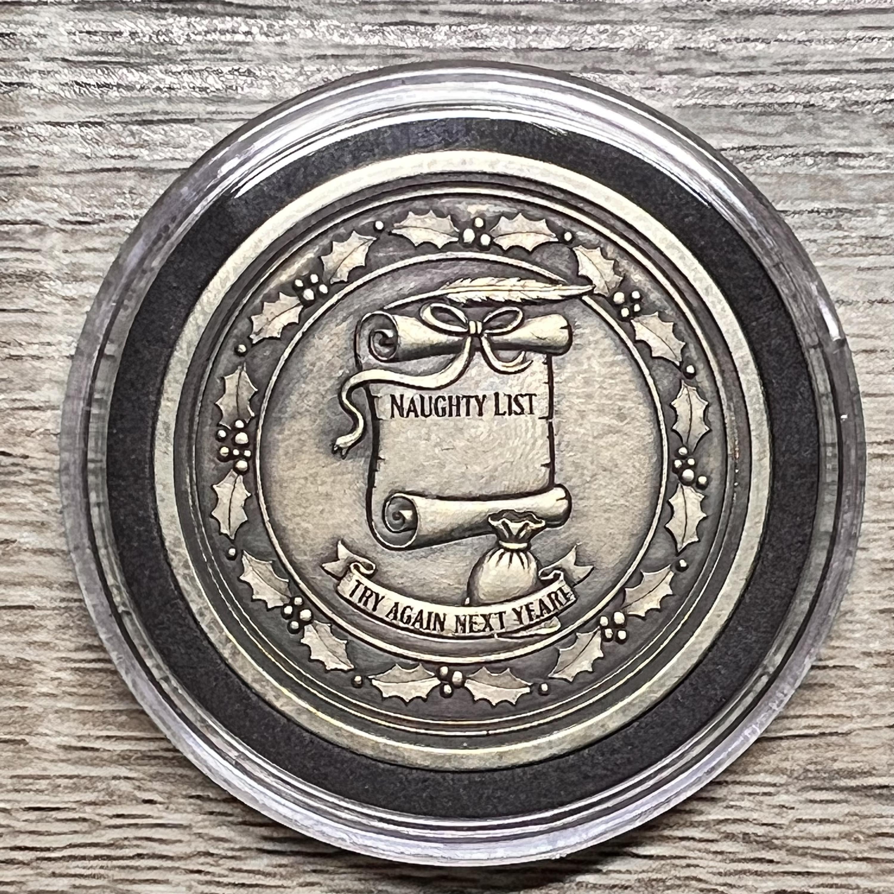 Santa's Naughty List Brass Coin – Laser Engraved Holiday