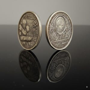 Engraved Metroid Brass Coin: Samus & Time Bomb - Sci-Fi Collectible