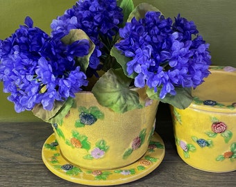 Two Old Yellow Pots with Lids/Saucers.  Vintage Colorful Pots with Raised Flowers