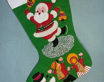 Happy Santa Vintage Completed Felt Christmas Stocking-NOS Kit Felt Jeweled Sequin Stocking