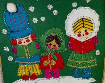 Vintage Felt Sequin Christmas. Diversity. Bucilla. Good Tidings - Wall Hanging. Festive Children Carolers. 1970s