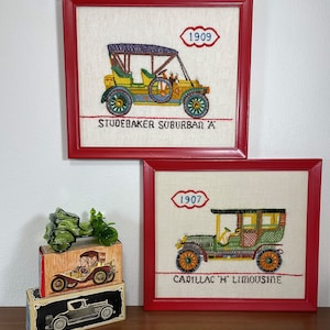 Pair of Framed Crewel Automobiles.  Transportation.  Vintage Embroidery Antique Cars.  1909 Studebaker Suburban A, 1907 Cadillac H Limousine