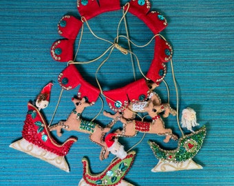 Vintage Christmas Mobile - 1960s Bucilla "Jeweled" Mobile-Set of 6 Holiday Ornaments. Reindeer, Sleighs. Vintage Pick Toys, Felt, Sequin
