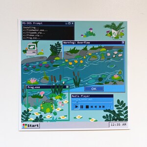 May include: A digital illustration of a computer screen showing a blue and green river scene. The screen displays a message "Warning: Overflow" and a media player with the text "running water.mp3". The screen also shows a frog character and the text "frog.exe".