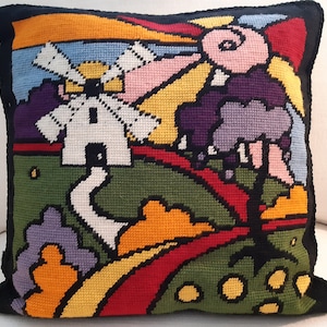 Tapestry Kit, Needlepoint Cushion Kit - Windmill - Art Deco in half cross stitch. 14 x 14in.