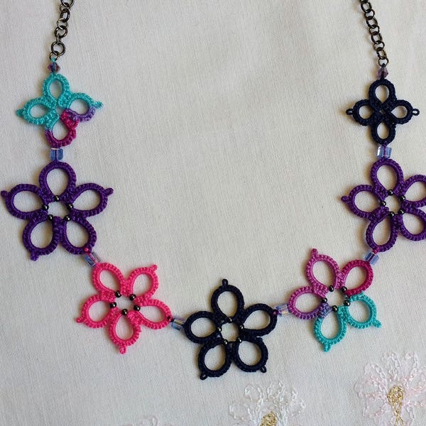 Tatted Cotton Lace Flower Necklace - Boho Style Unique Necklace Design - Adjustable Length and Light to Wear - Hippie Festival and Rave Wear