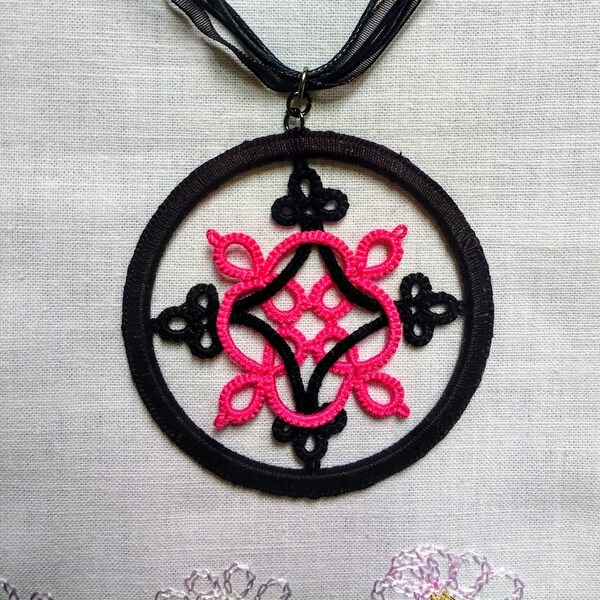 Tatted Celtic Pendant - Dream Catcher Lace Pendant - Celtic Design Hot Pink and Black Pendant - Handmade Cotton Lace Frivolite Accessory