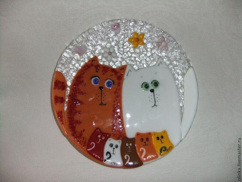 Fused glass plate. Decorative plate with cats. Fused glass Etsy