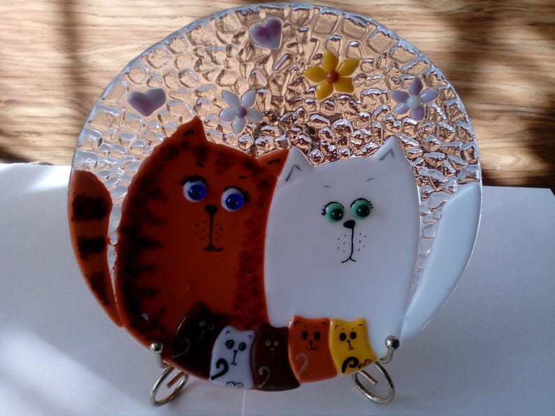 Fused glass plate. Decorative plate with cats. Fused glass Etsy