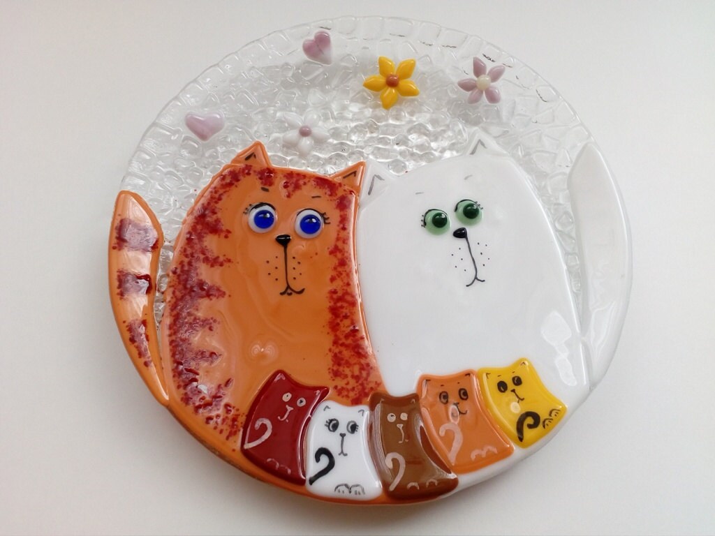 Fused glass plate. Decorative plate with cats. Fused glass Etsy