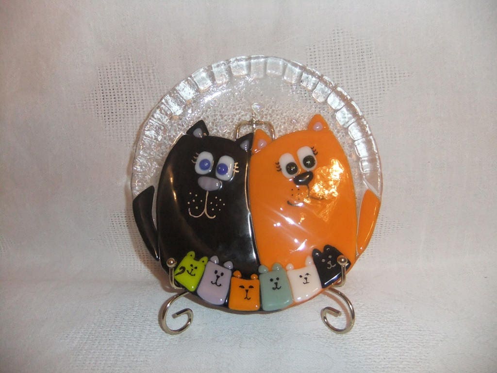 Fused glass plate. Decorative plate with cats. Fused glass Etsy