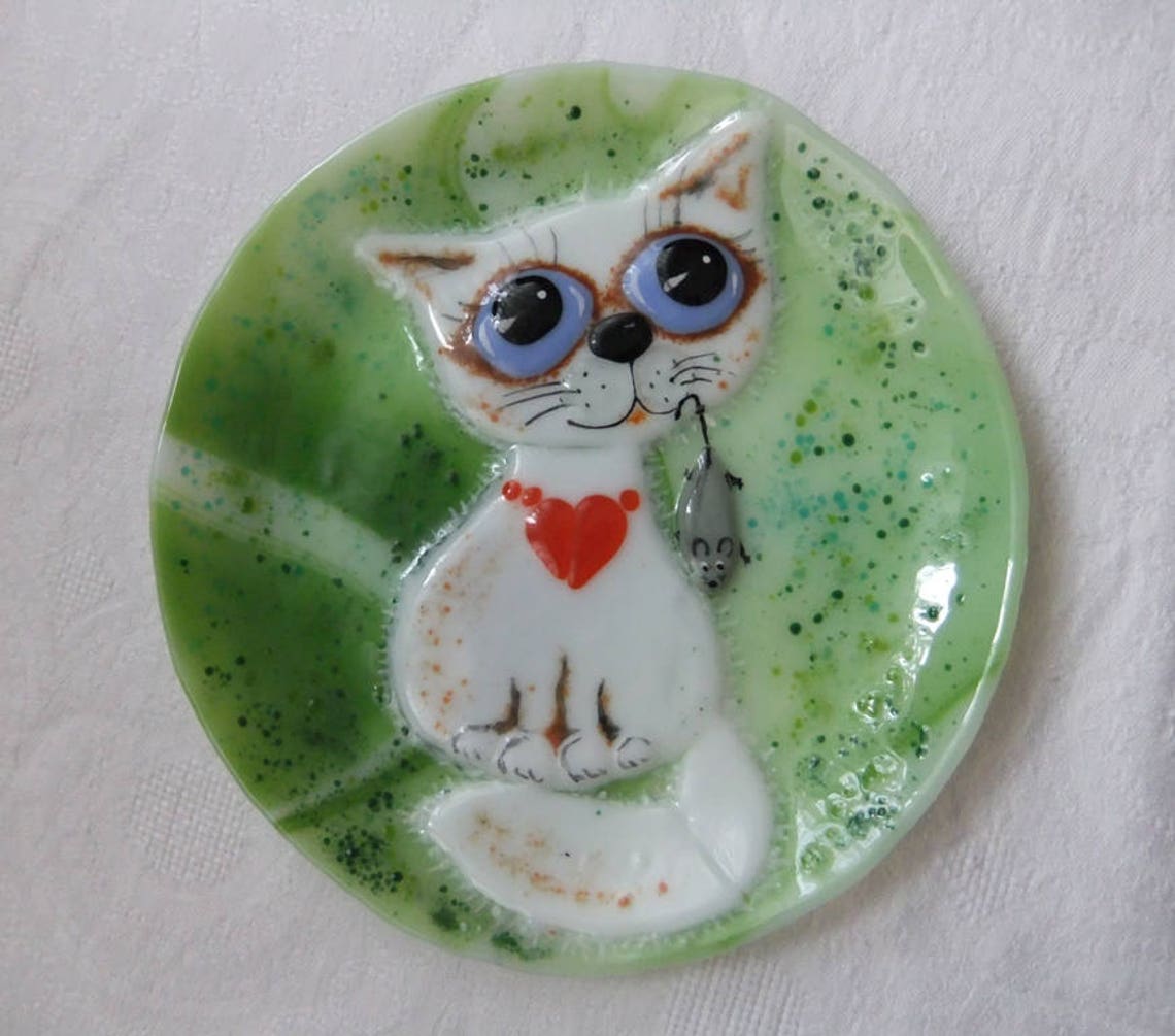 Fused glass plate. Decorative plate with cats. Fused glass Etsy