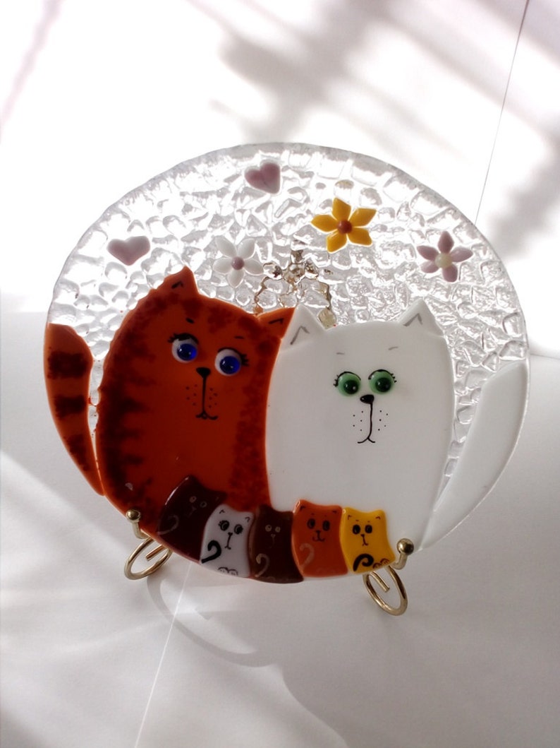 Fused glass plate. Decorative plate with cats. Fused glass Etsy