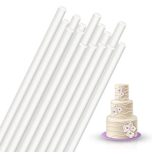 May include: A set of 12 white cake dowels, ideal for supporting tiered cakes. The dowels are made of sturdy plastic and are 30.5 cm long.